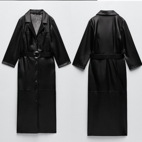 Zara * Faux Leather Midi Dress Black Belted Size XS S - Picture 9 of 10